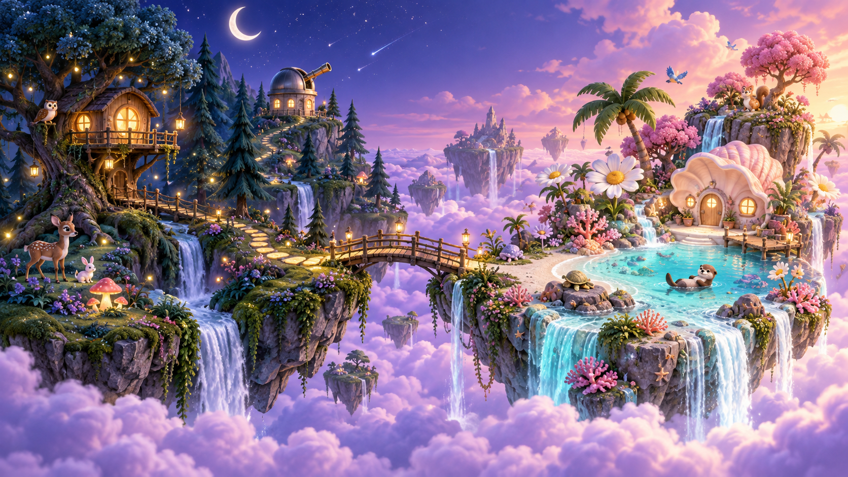 A moonlit forest and a sunny shell lagoon, connected by a little golden bridge